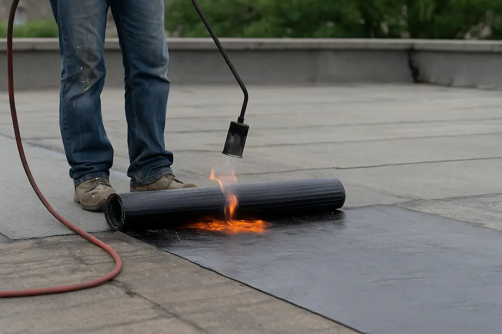 تصویر اجرای آب بندی ایزوگام روی بام ساختمان