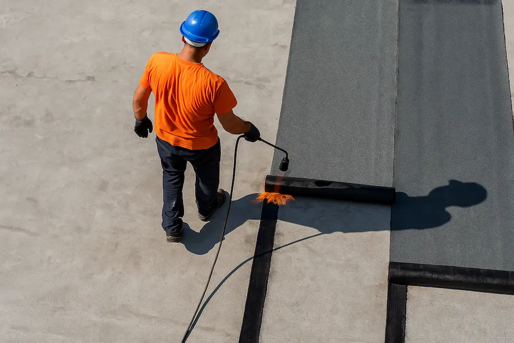 تصویر اجرای آب بندی ایزوگام روی بام ساختمان